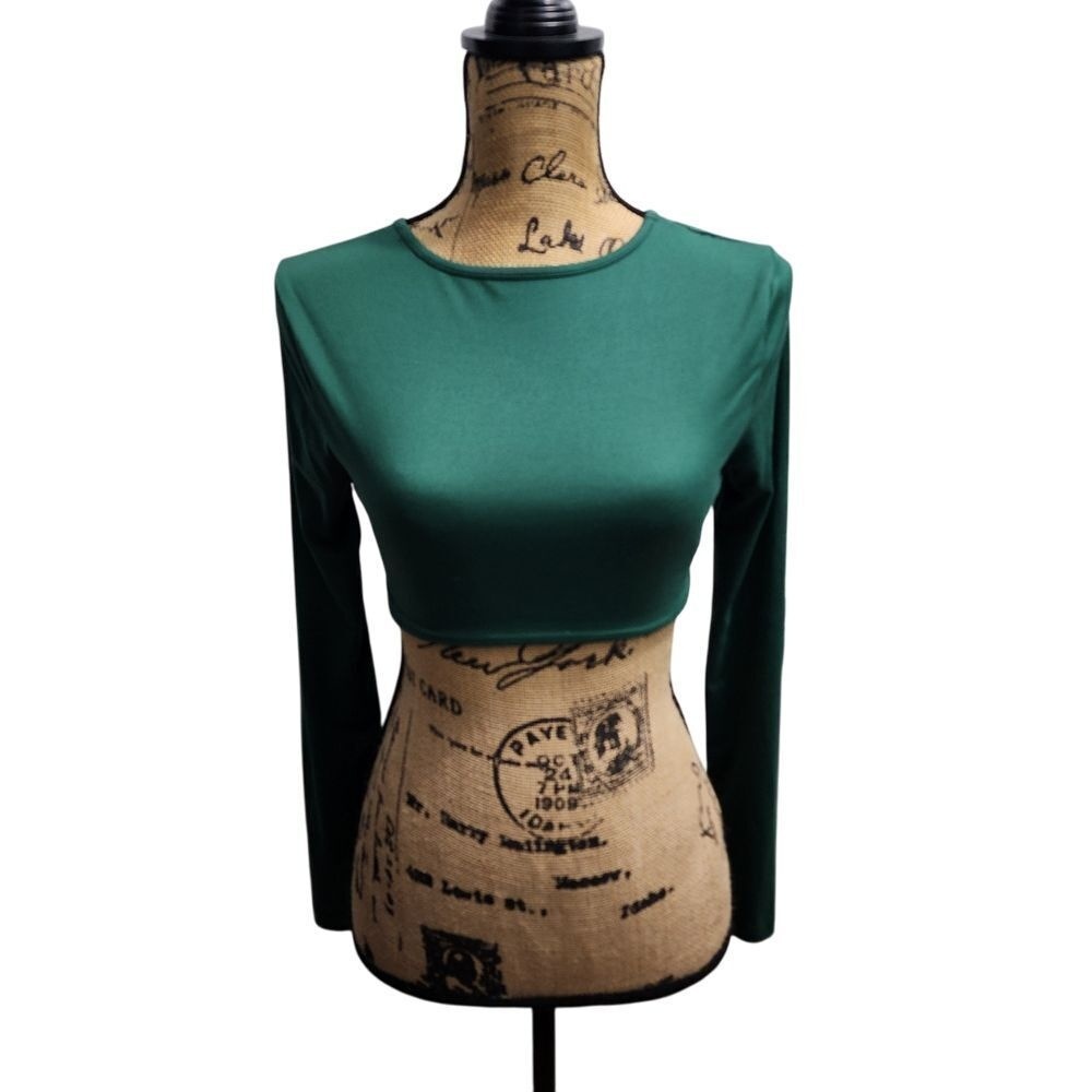 SHEIN Emerald Green Long Sleeve Crop Top with Back Tie Detail Size S